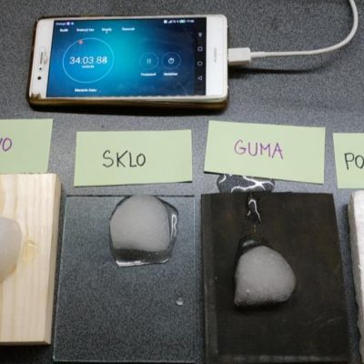 Pokus z minuloročného LaBáKu-pozorovanie rýchlosti topenia ľadu na rôznych materiáloch